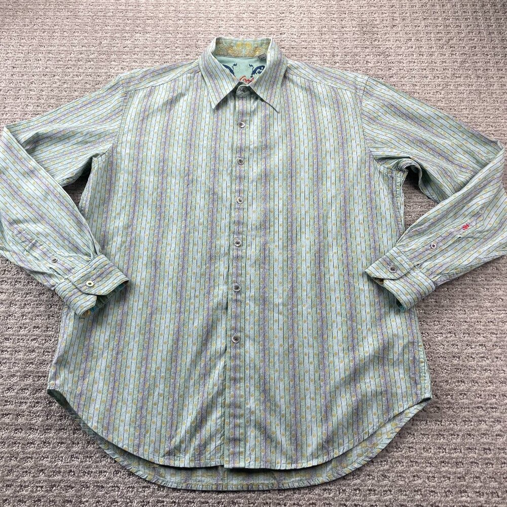 Robert Graham Formal Shirt Men Medium M Green Teal Button up Long Sleeve - HOLE